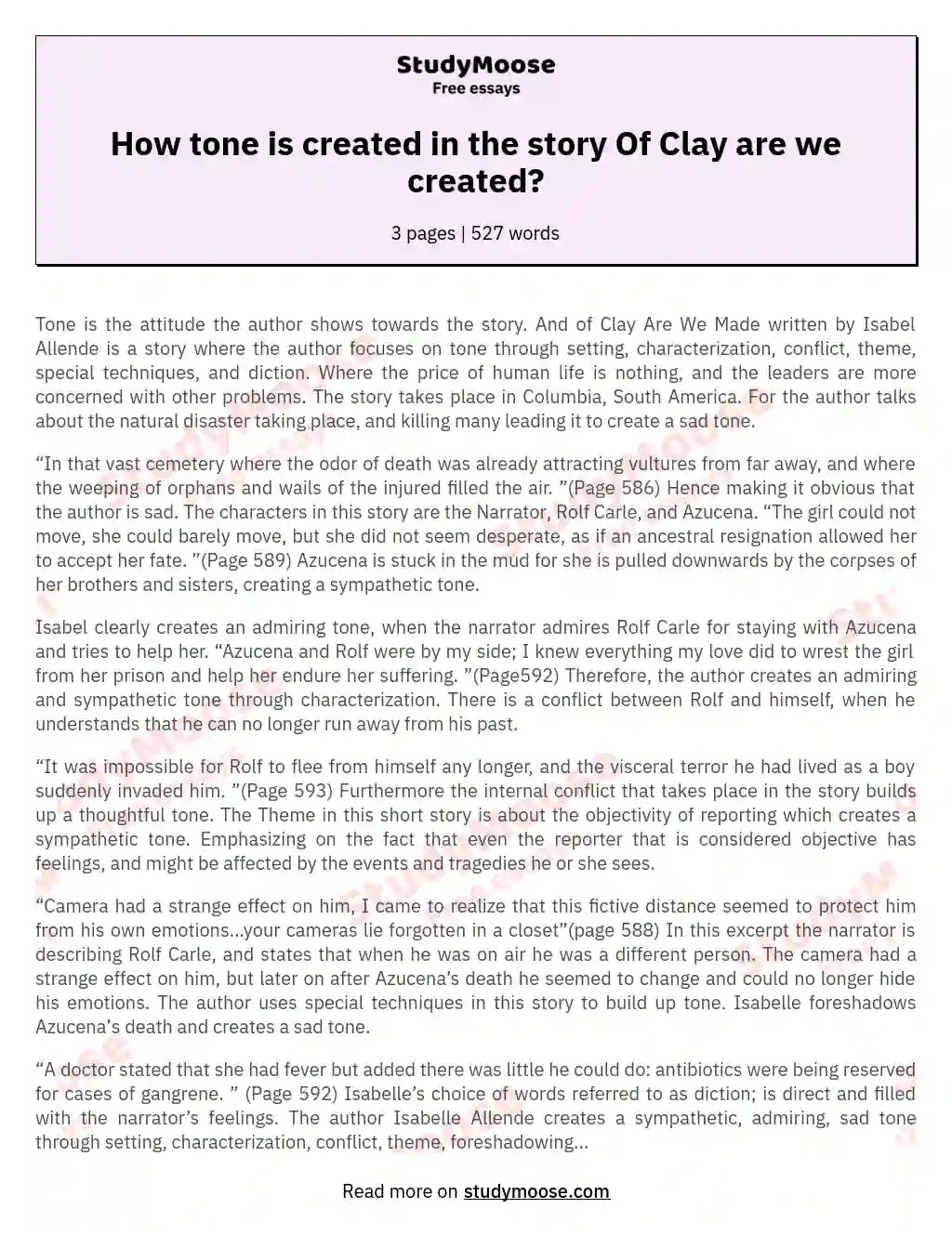 How tone is created in the story Of Clay are we created? essay