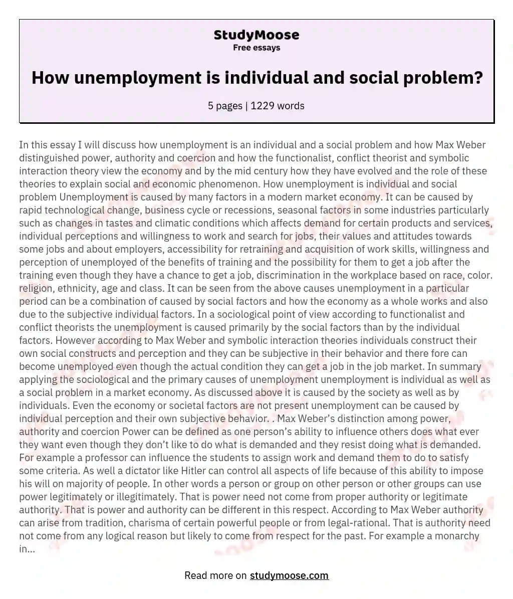 How unemployment is individual and social problem? essay