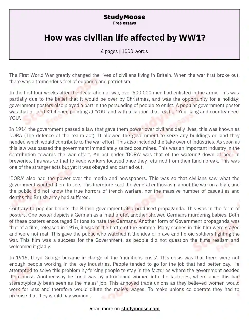 How was civilian life affected by WW1? essay
