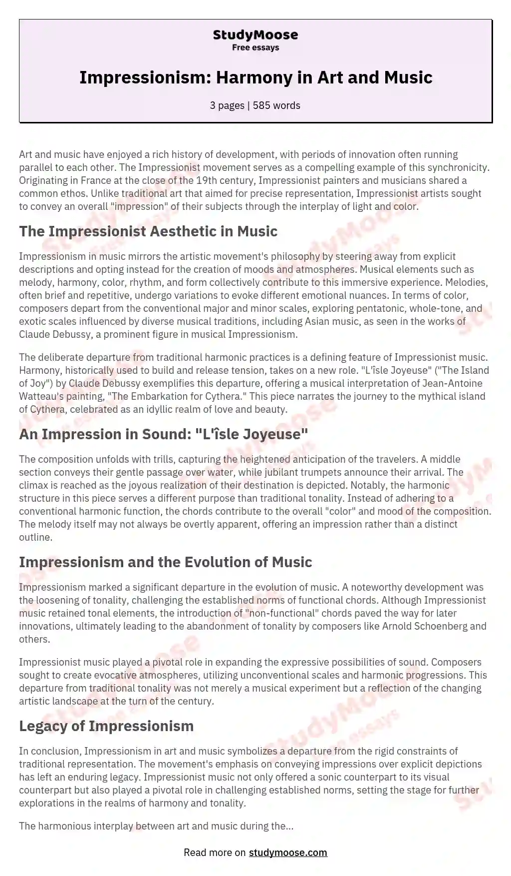 Impressionism: Harmony in Art and Music essay