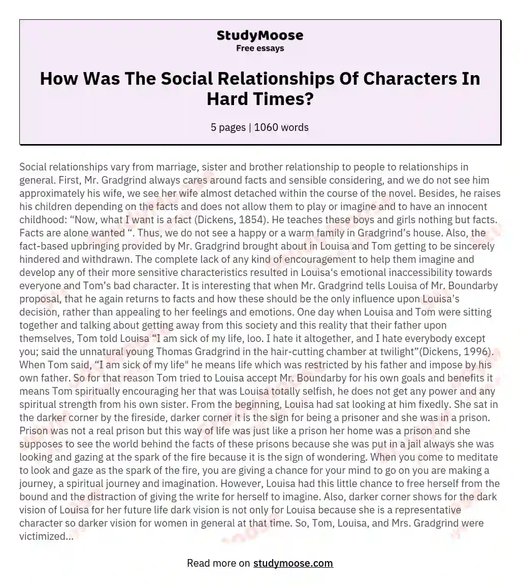 How Was The Social Relationships Of Characters In Hard Times?