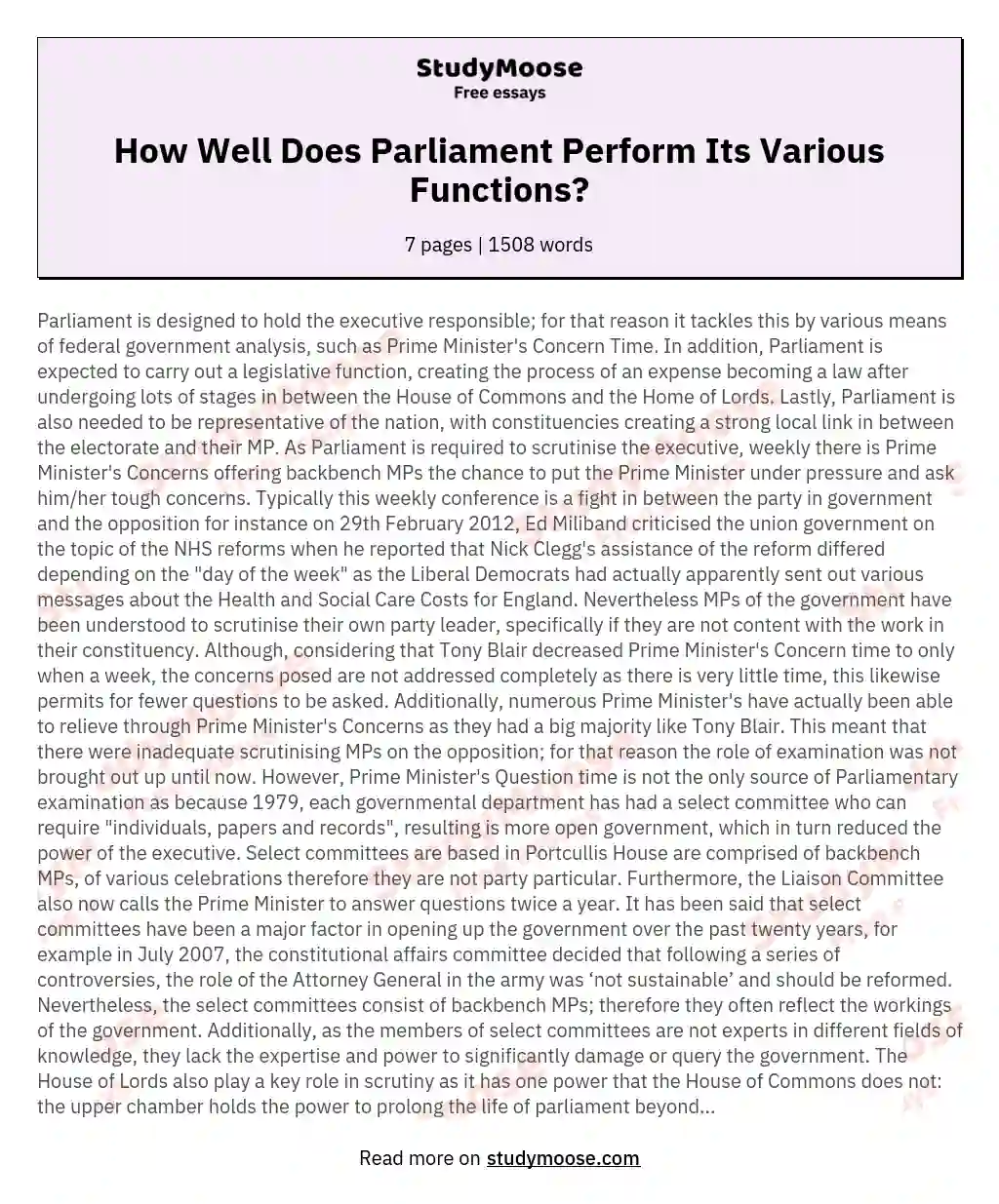 How Well Does Parliament Perform Its Various Functions? essay