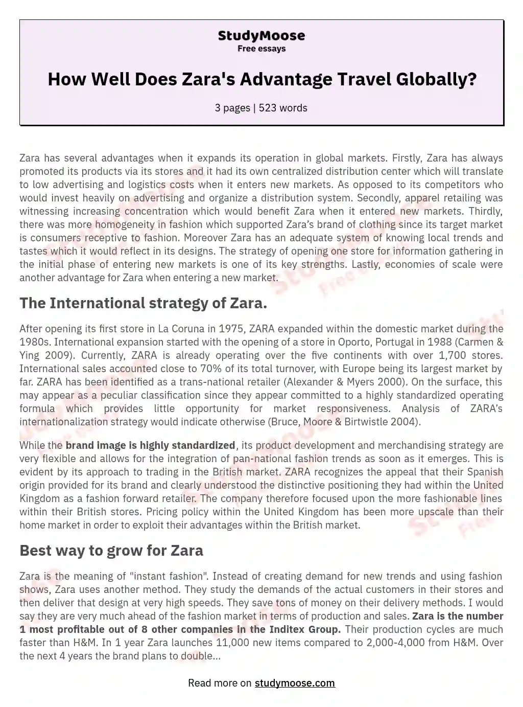 How Well Does Zara's Advantage Travel Globally? essay