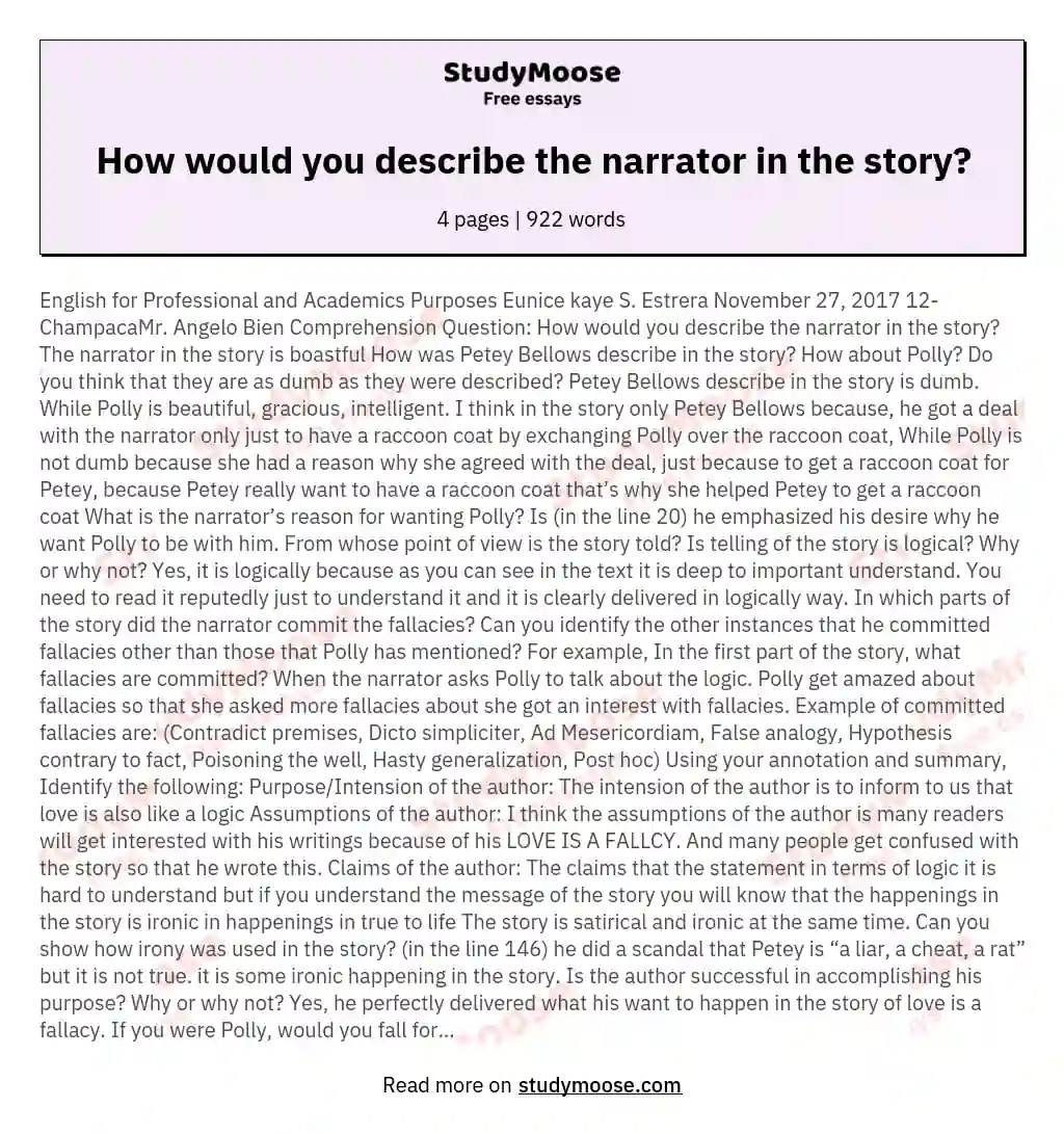 How would you describe the narrator in the story? essay