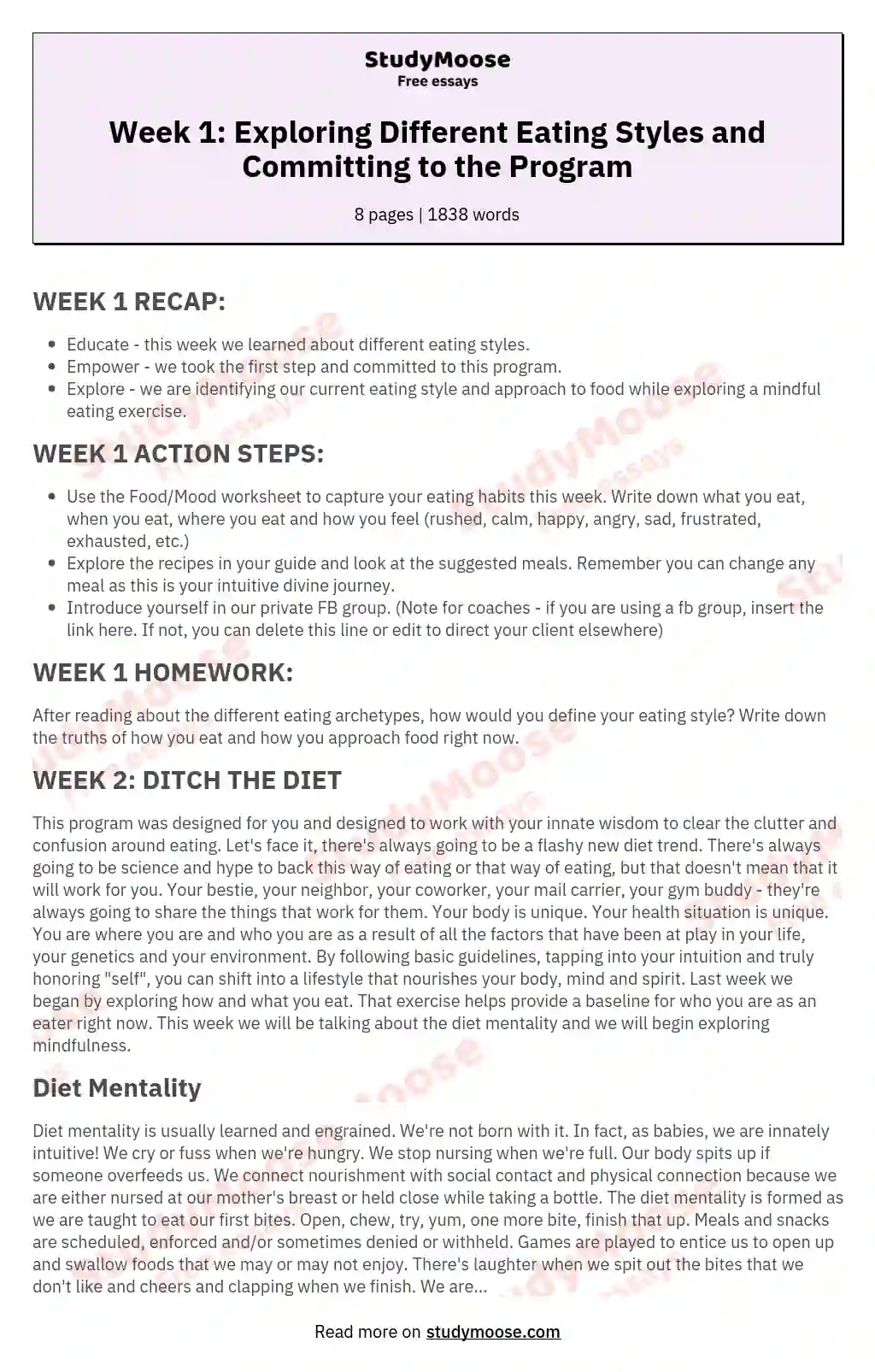 Week 1: Exploring Different Eating Styles and Committing to the Program essay