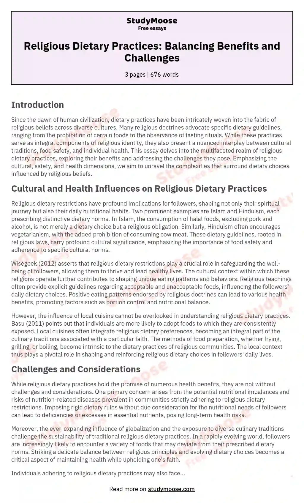 Religious Dietary Practices: Balancing Benefits and Challenges essay