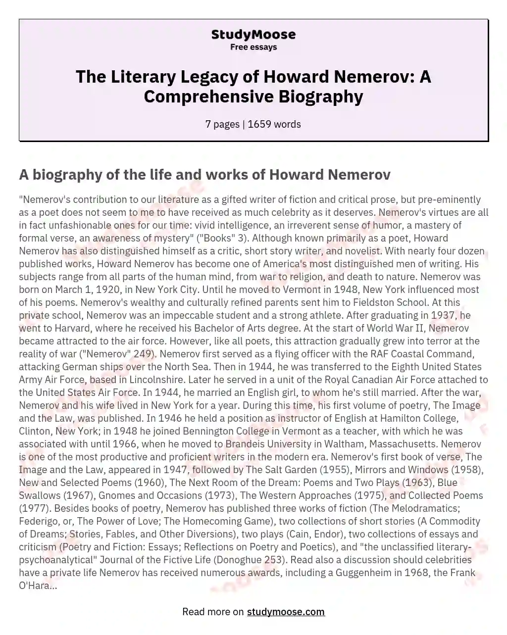 The Literary Legacy of Howard Nemerov: A Comprehensive Biography essay