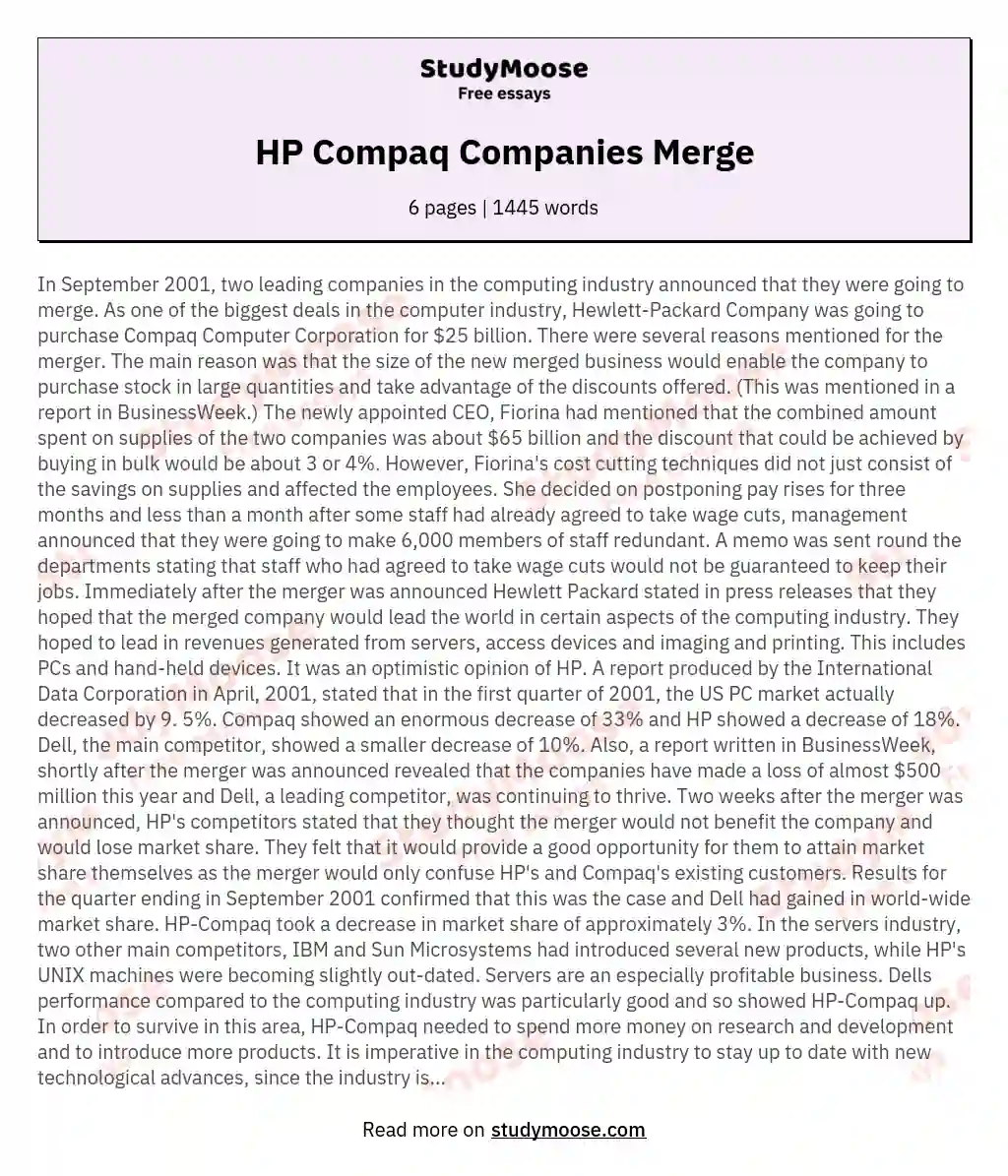 HP Compaq Companies Merge essay