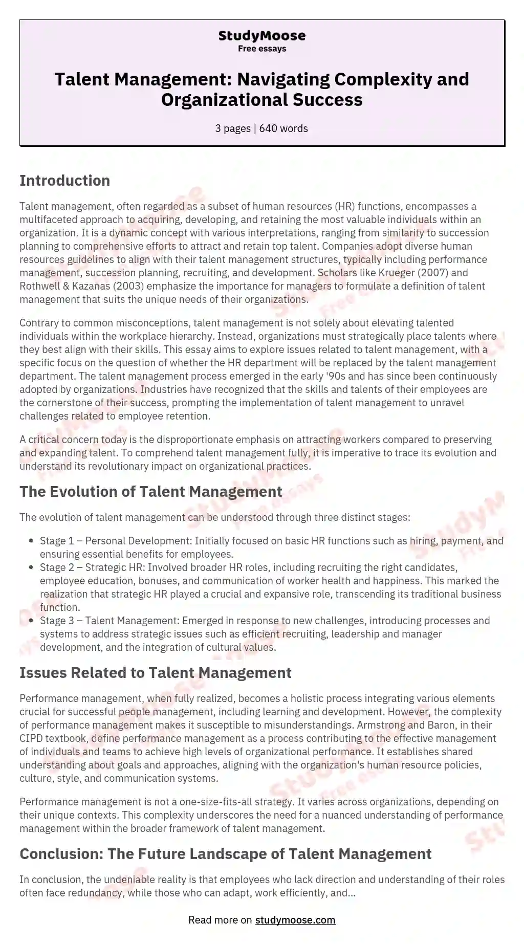 Talent Management: Navigating Complexity and Organizational Success essay
