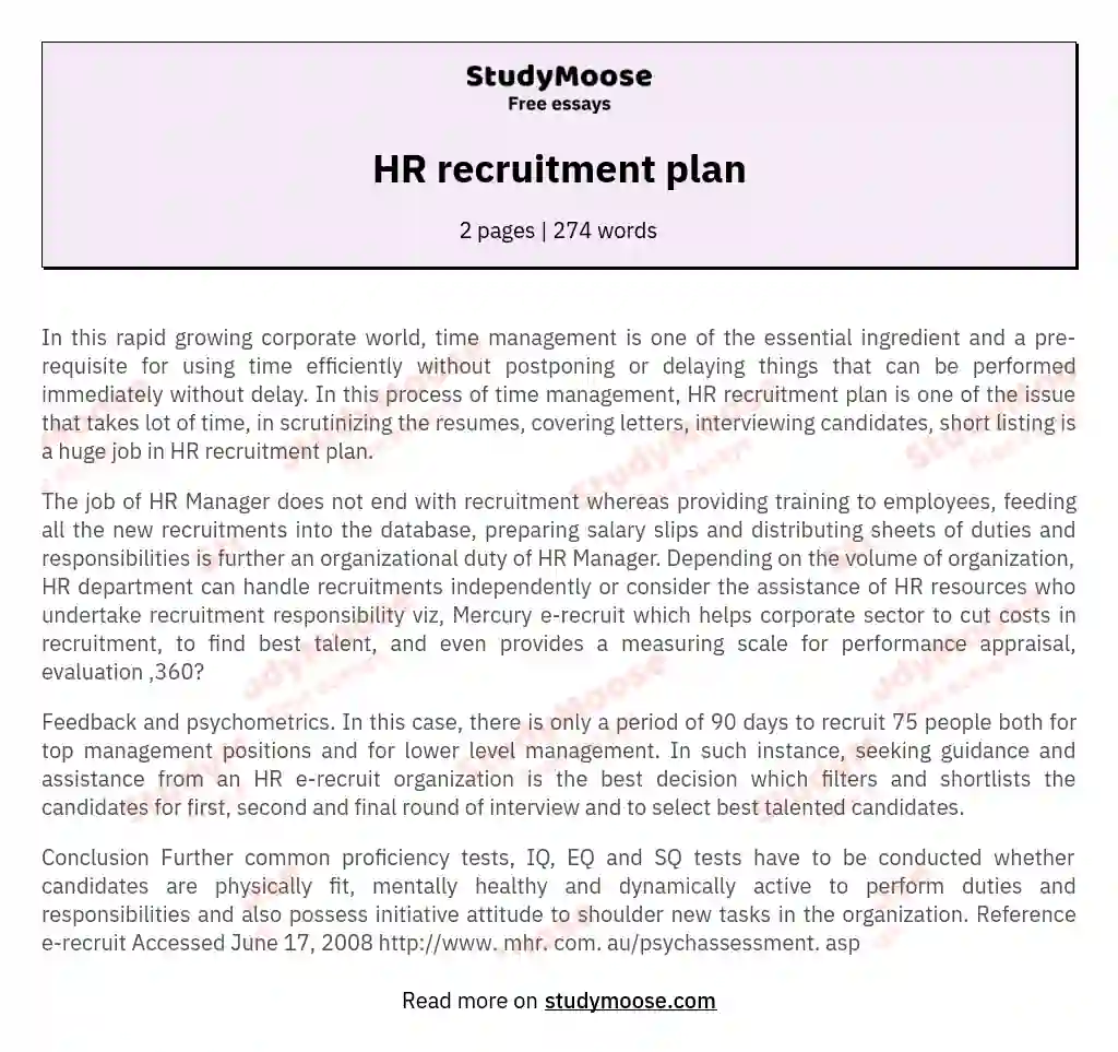 HR recruitment plan essay