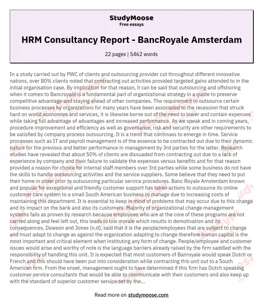 HRM Consultancy Report - BancRoyale Amsterdam essay