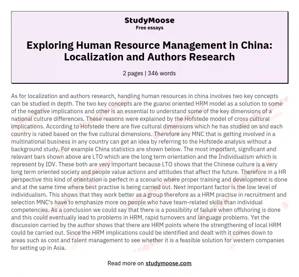 Exploring Human Resource Management in China: Localization and Authors Research essay