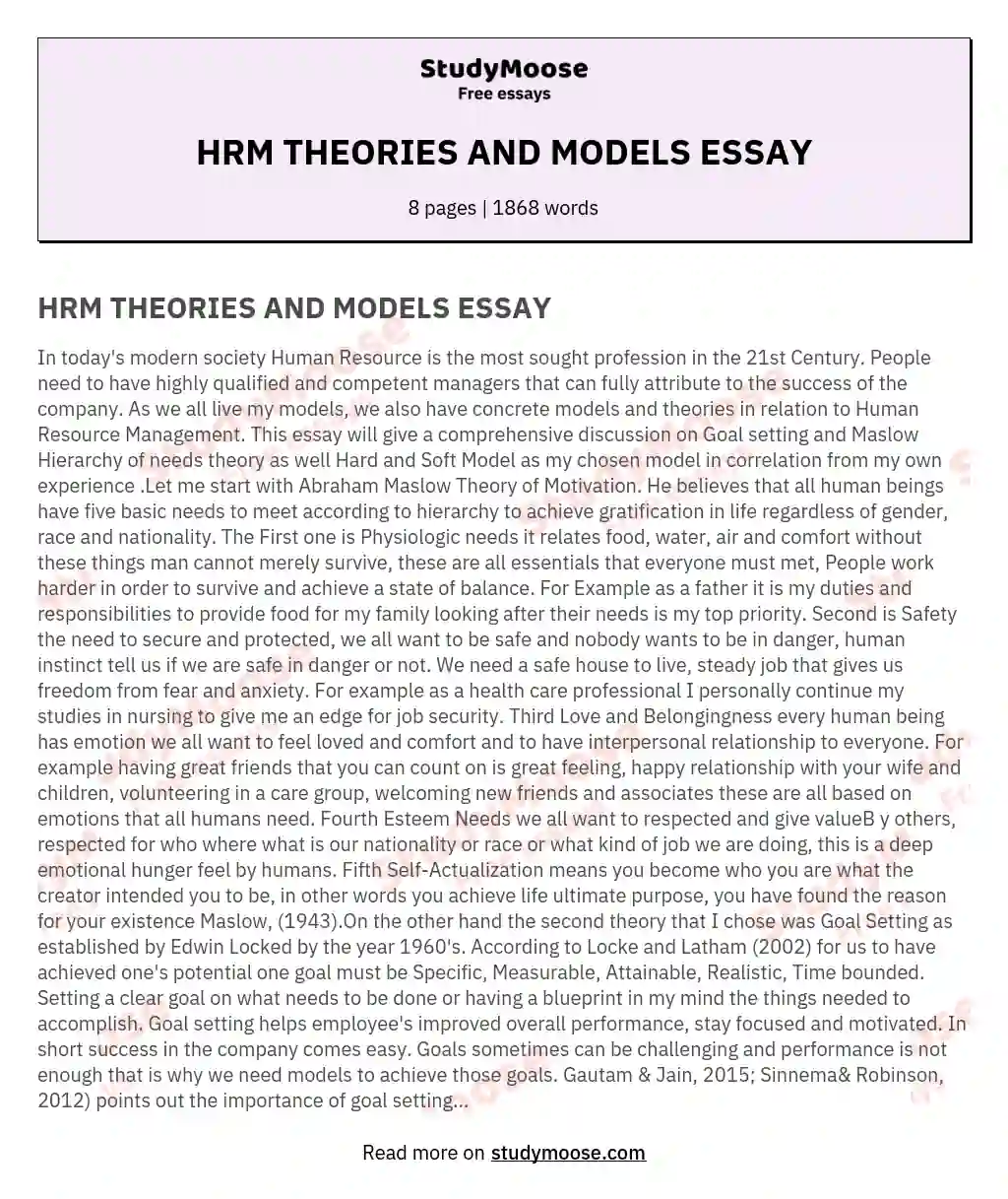 HRM THEORIES AND MODELS ESSAY essay
