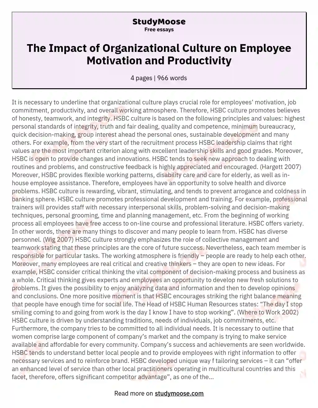 The Impact of Organizational Culture on Employee Motivation and Productivity essay