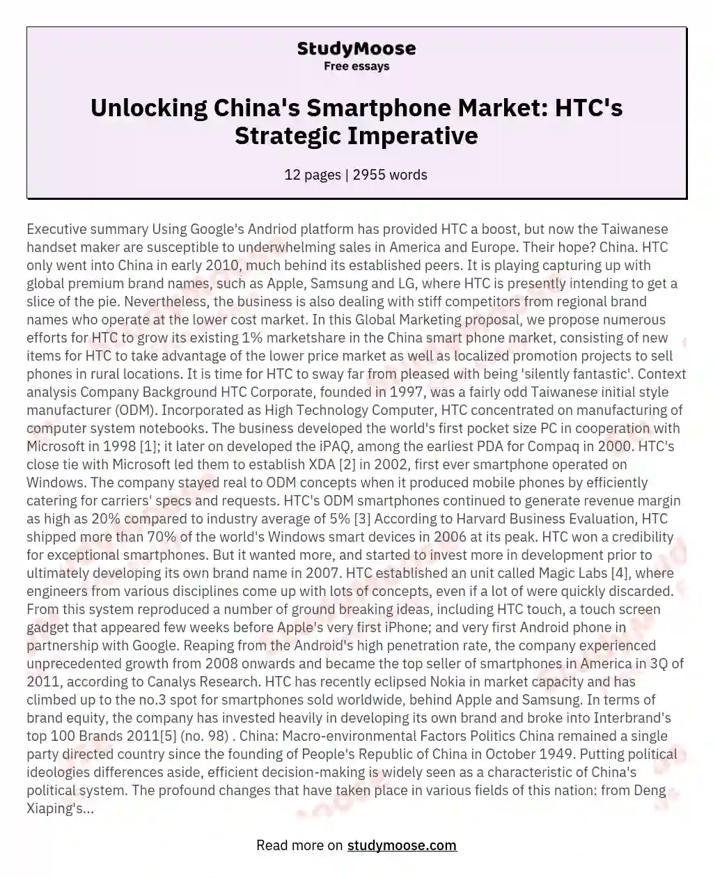 Unlocking China's Smartphone Market: HTC's Strategic Imperative essay