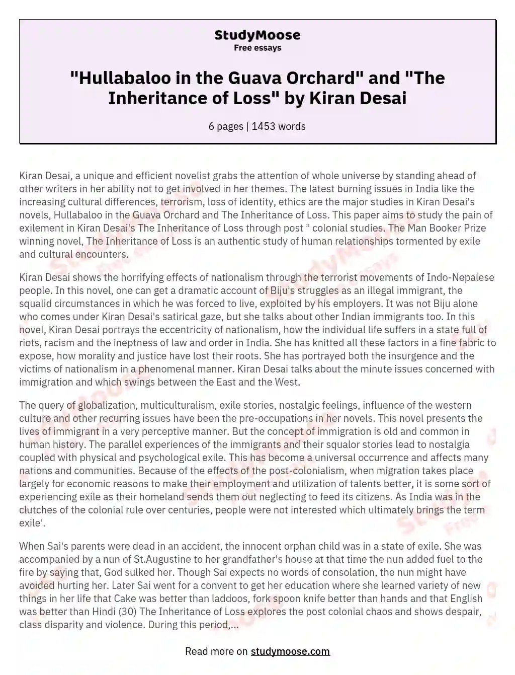 "Hullabaloo in the Guava Orchard" and "The Inheritance of Loss" by Kiran Desai essay