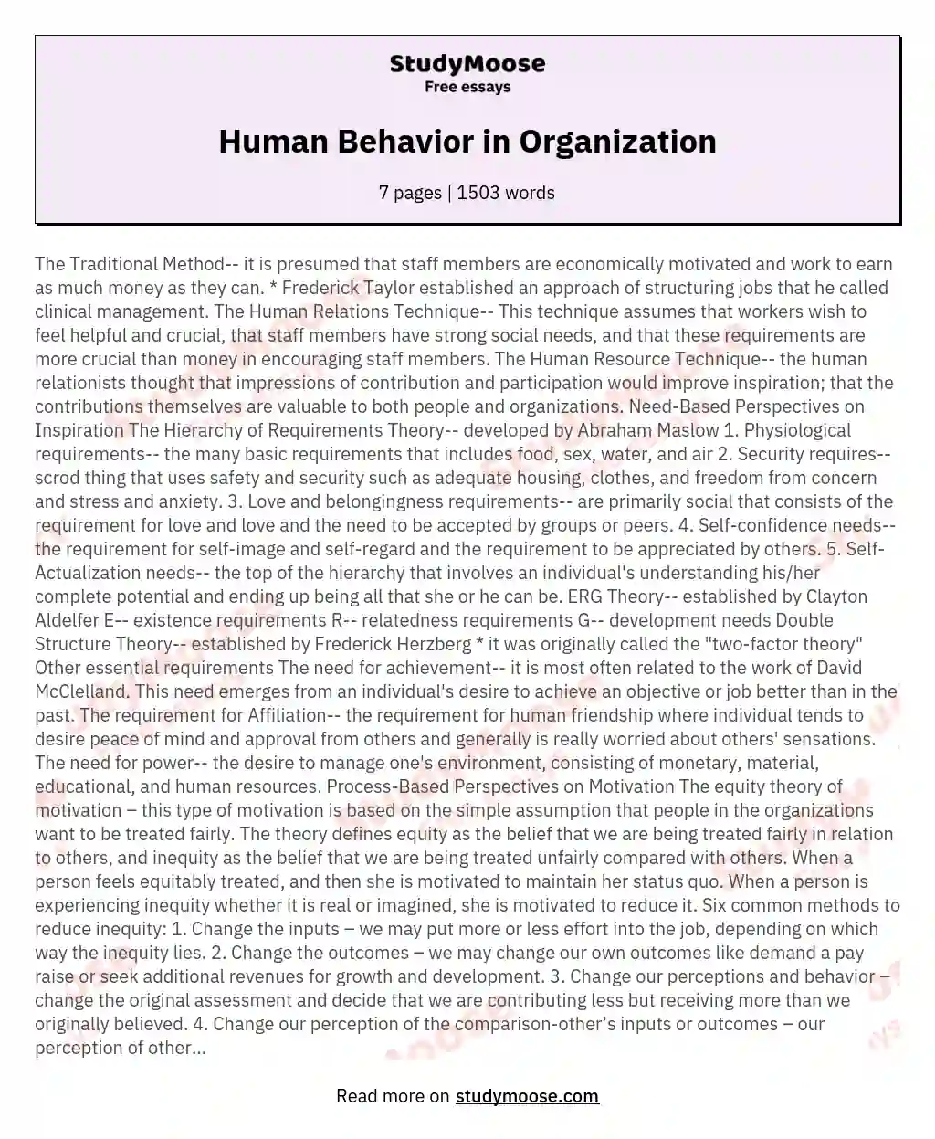 Human Behavior in Organization