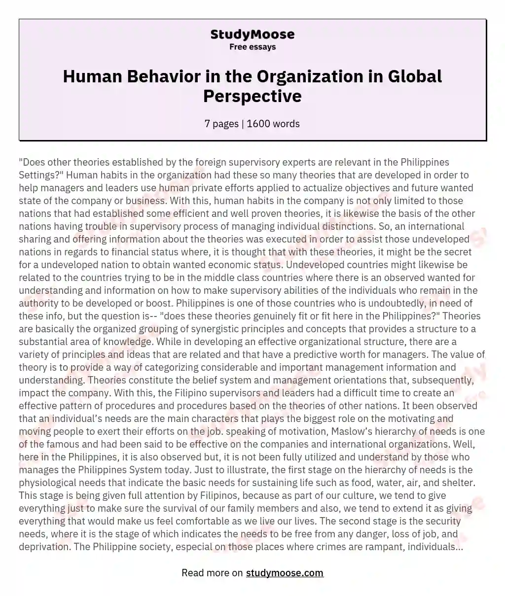 Human Behavior in the Organization in Global Perspective essay