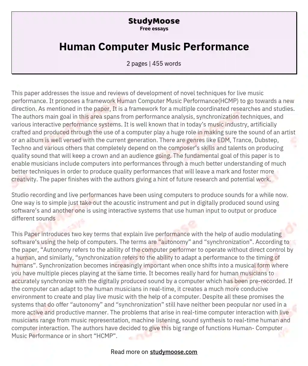 Human Computer Music Performance essay