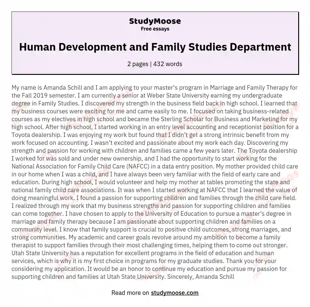 Human Development and Family Studies Department essay
