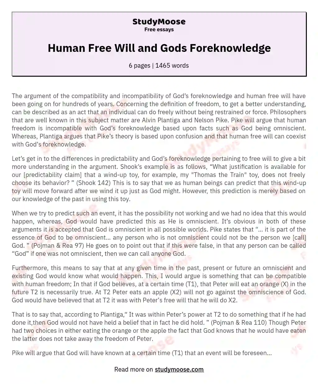 Human Free Will and Gods Foreknowledge essay