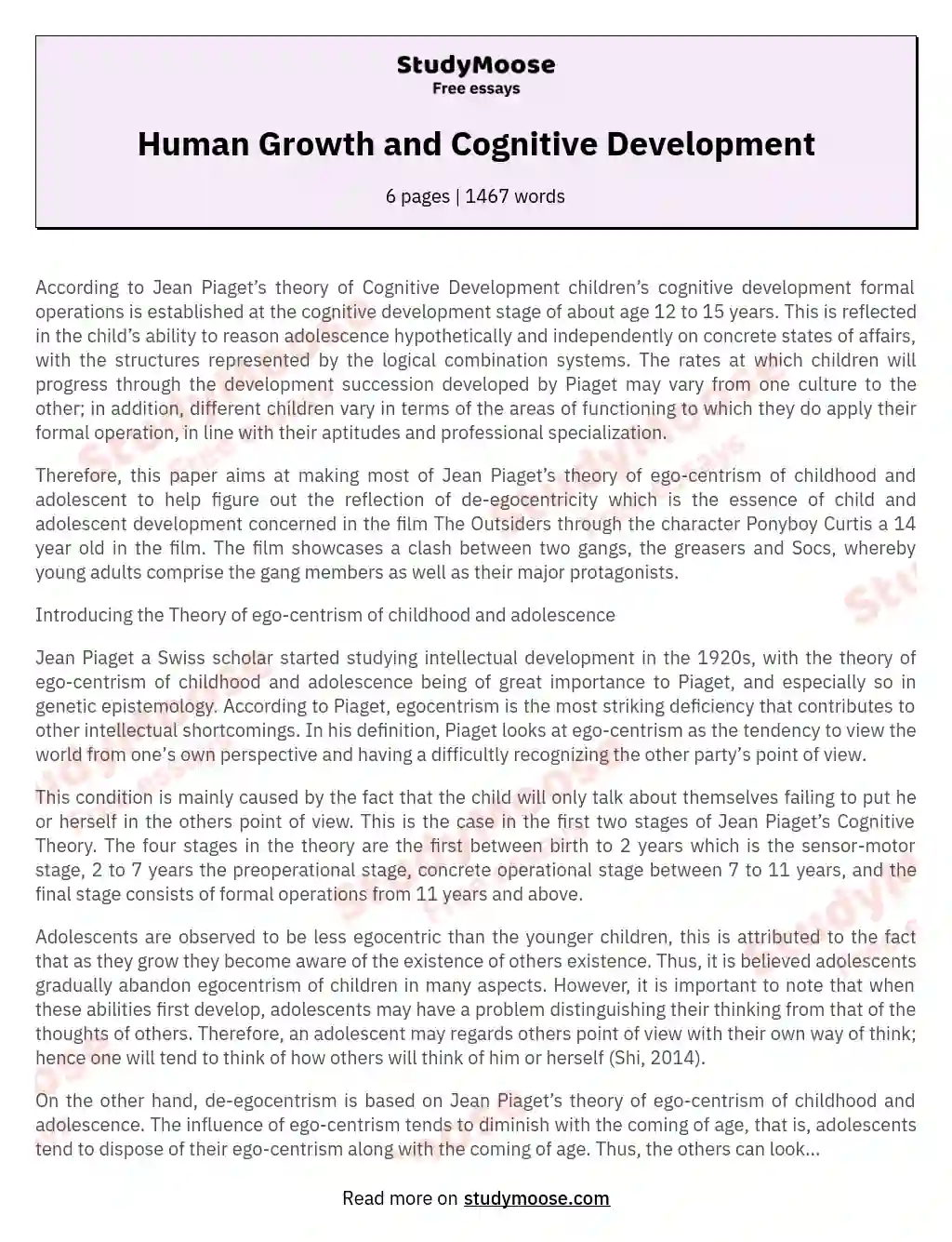 Human Growth and Cognitive Development essay