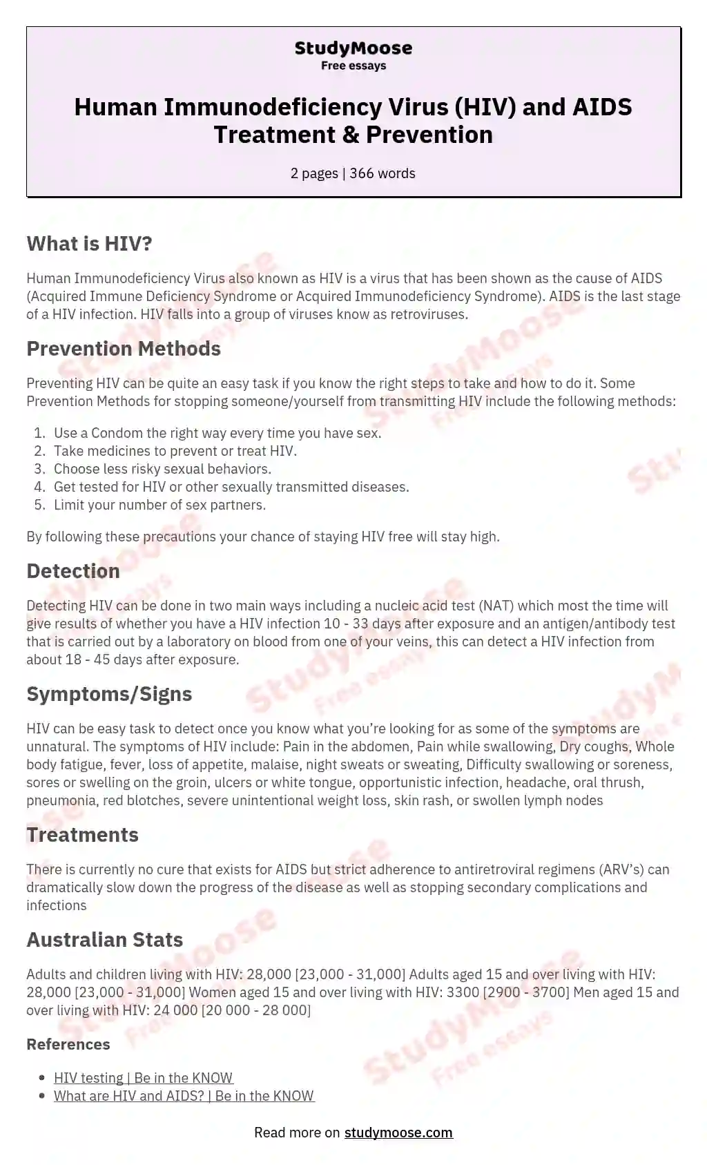 Human Immunodeficiency Virus (HIV) and AIDS Treatment & Prevention essay