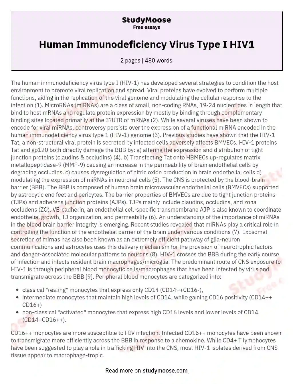 Human Immunodeficiency Virus Type I HIV1 essay
