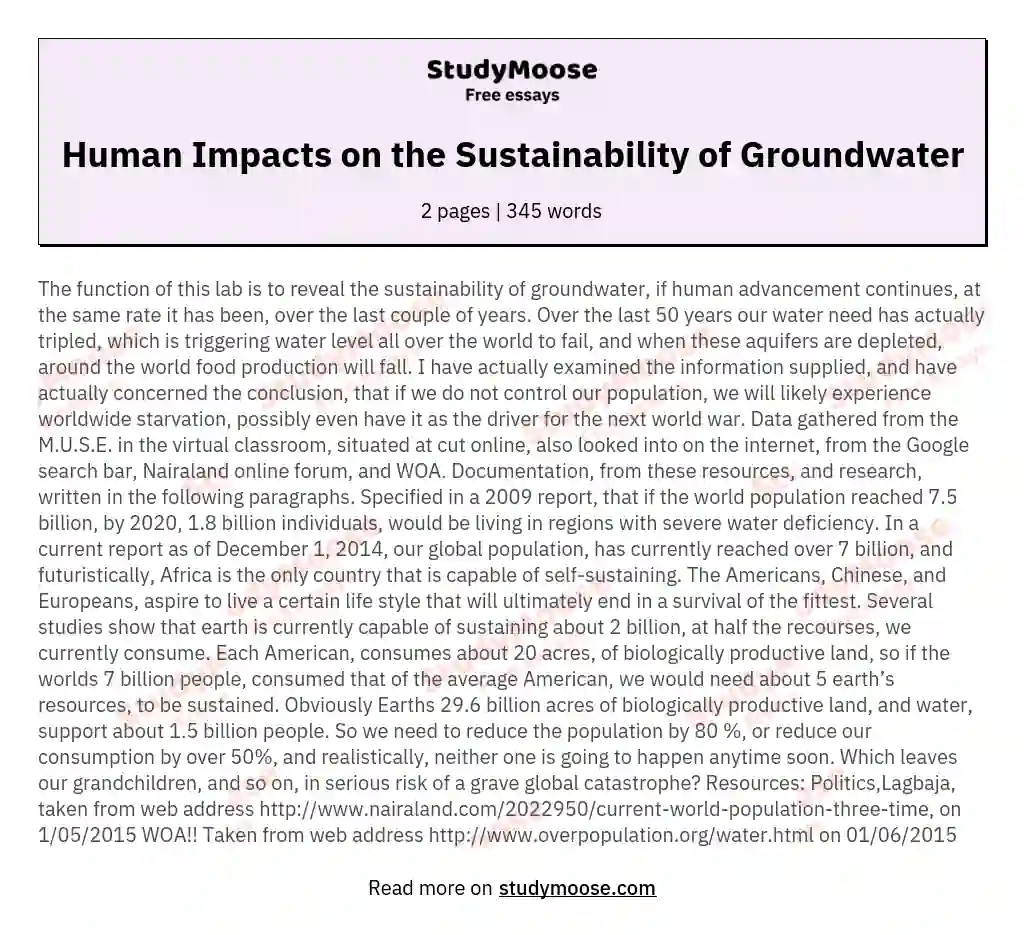Human Impacts on the Sustainability of Groundwater essay