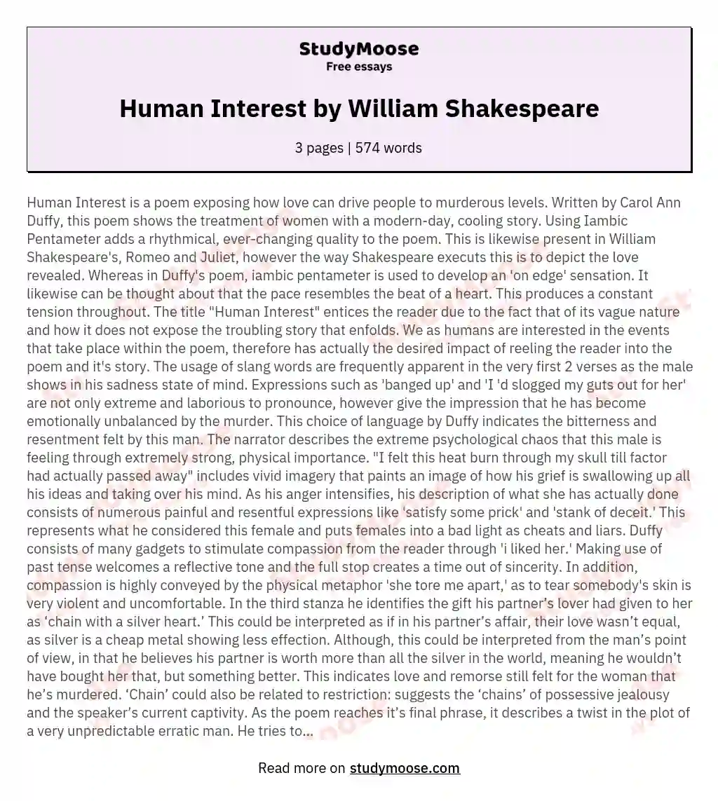 Human Interest by William Shakespeare essay