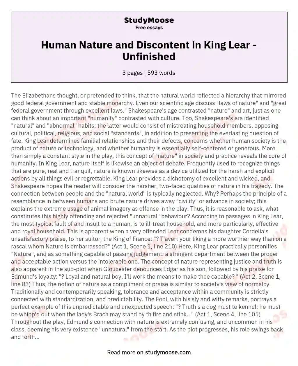 Human Nature and Discontent in King Lear - Unfinished essay