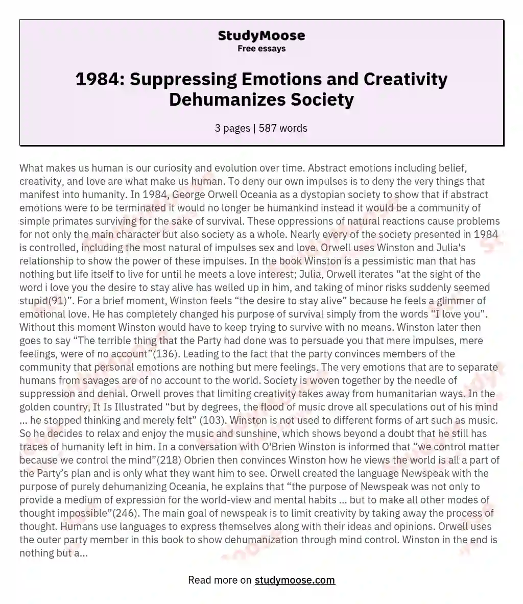 1984: Suppressing Emotions and Creativity Dehumanizes Society essay