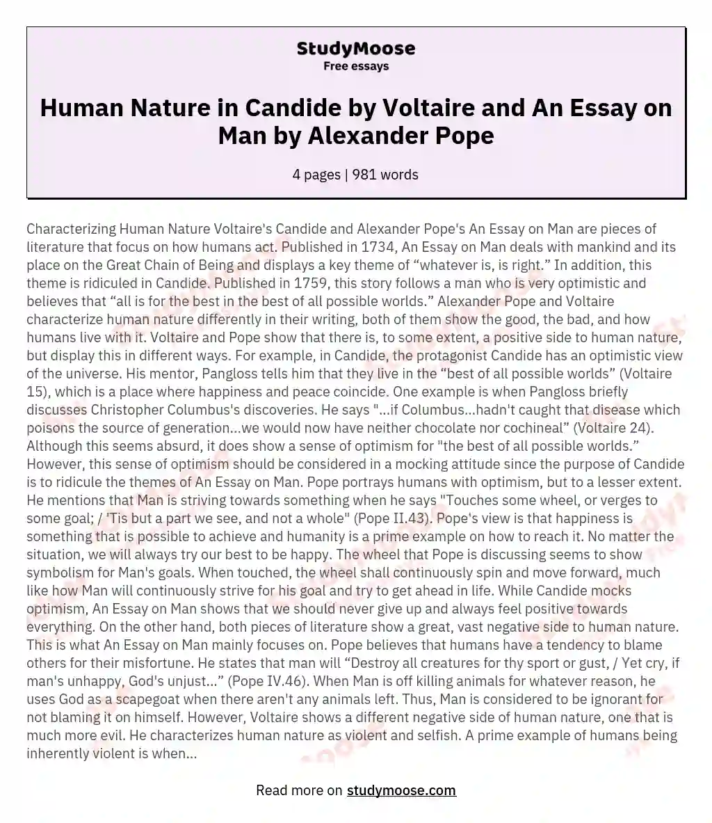 Human Nature in Candide by Voltaire and An Essay on Man by Alexander Pope essay