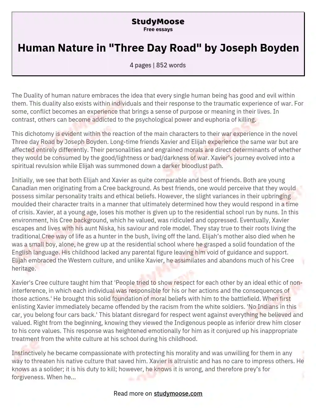 Human Nature in "Three Day Road" by Joseph Boyden