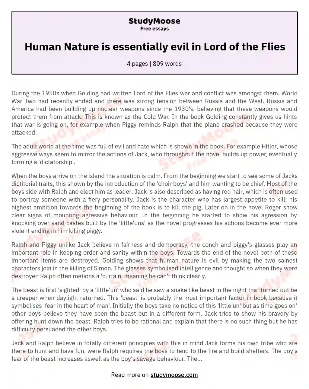 Human Nature is essentially evil in Lord of the Flies