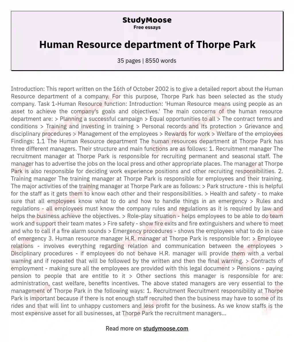 Human Resource department of Thorpe Park