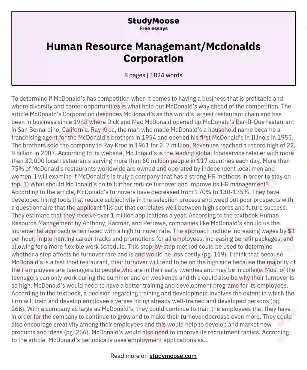 Human Resource Managemant/Mcdonalds Corporation essay
