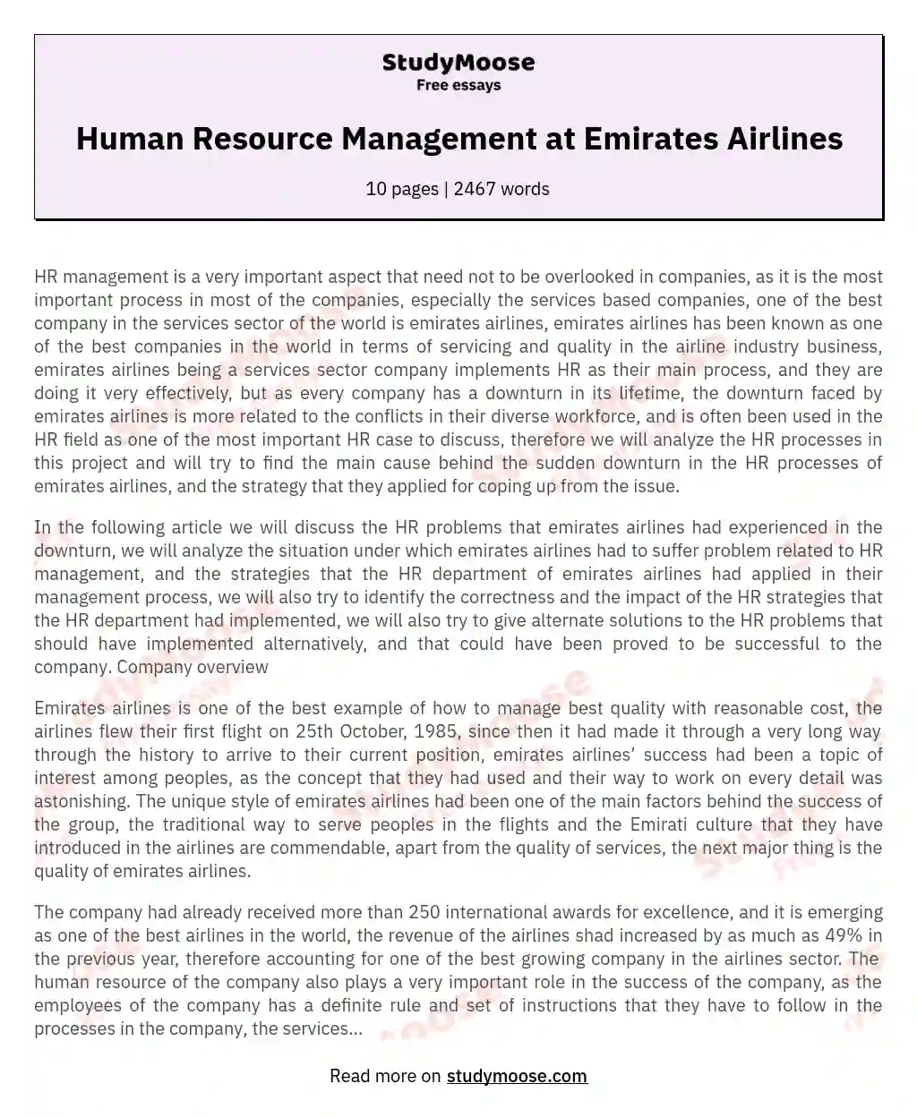 Human Resource Management at Emirates Airlines essay