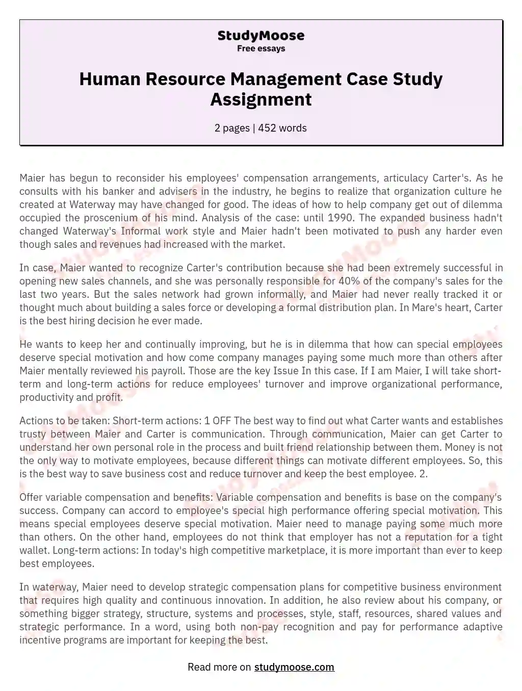 Human Resource Management Case Study Assignment essay