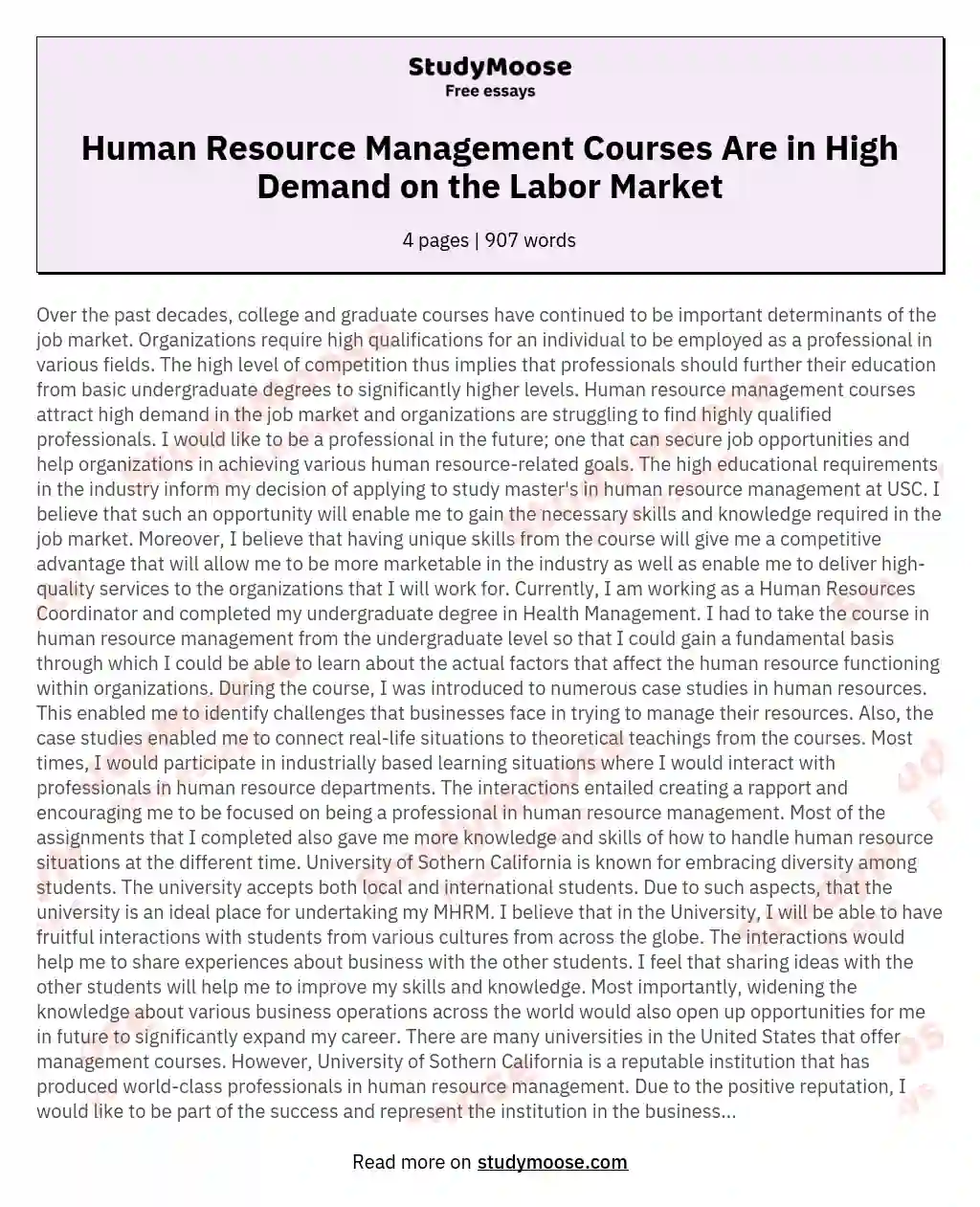 Human Resource Management Courses Are in High Demand on the Labor Market essay
