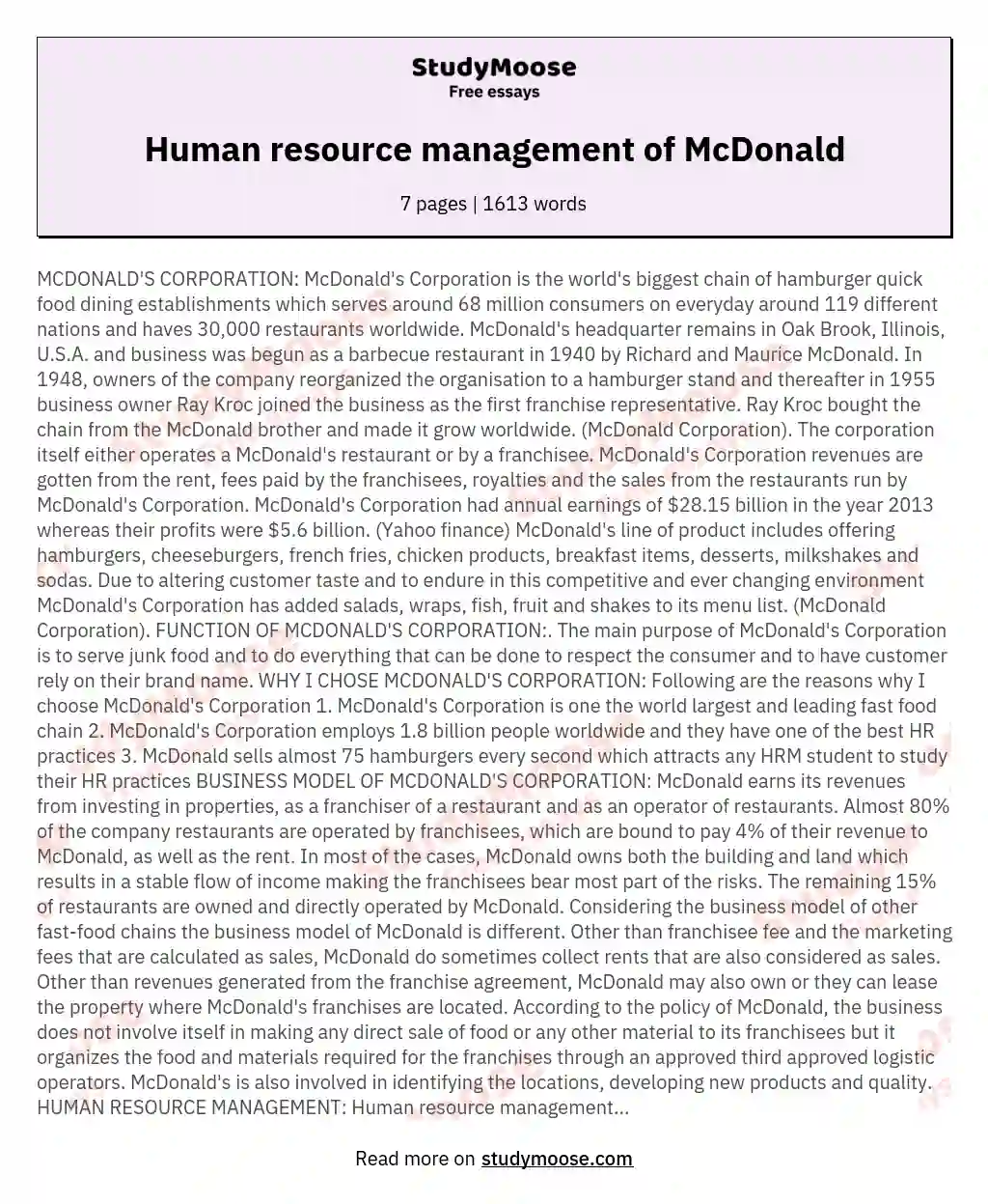 mcdonalds case study human resource management