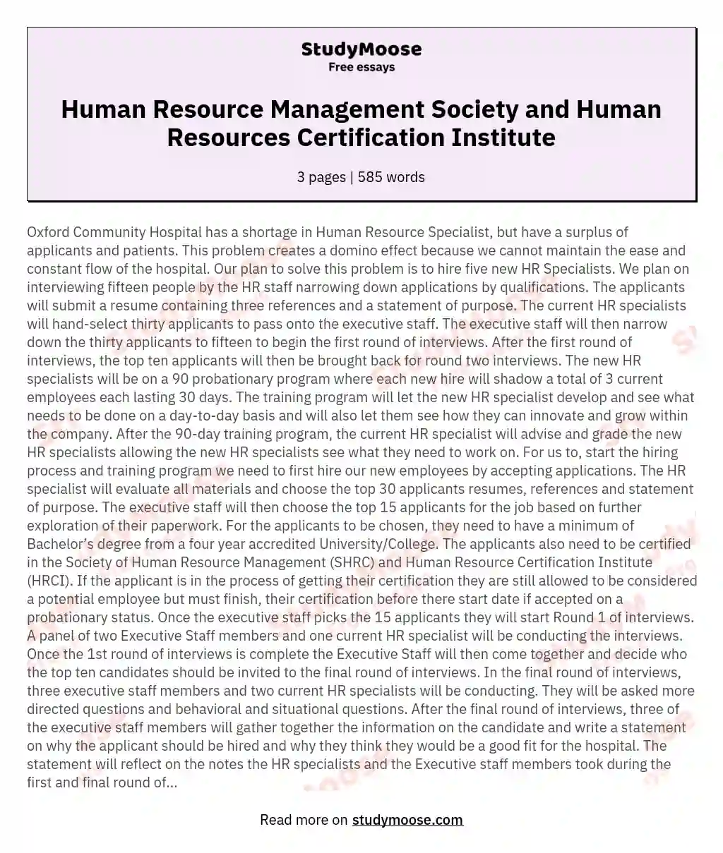 Human Resource Management Society and Human Resources Certification Institute essay