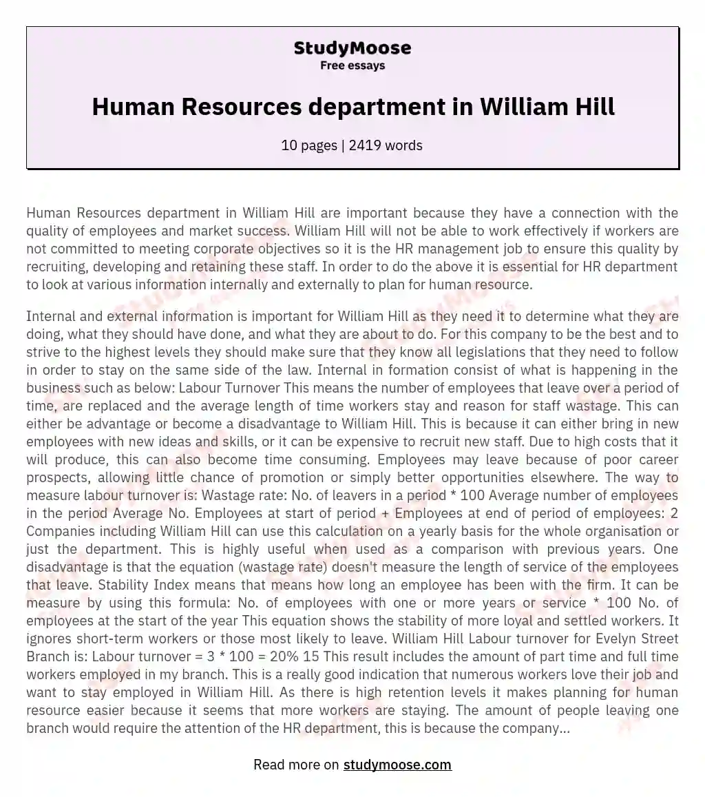 Strategic HR Planning at William Hill: Examining Internal and External Information essay