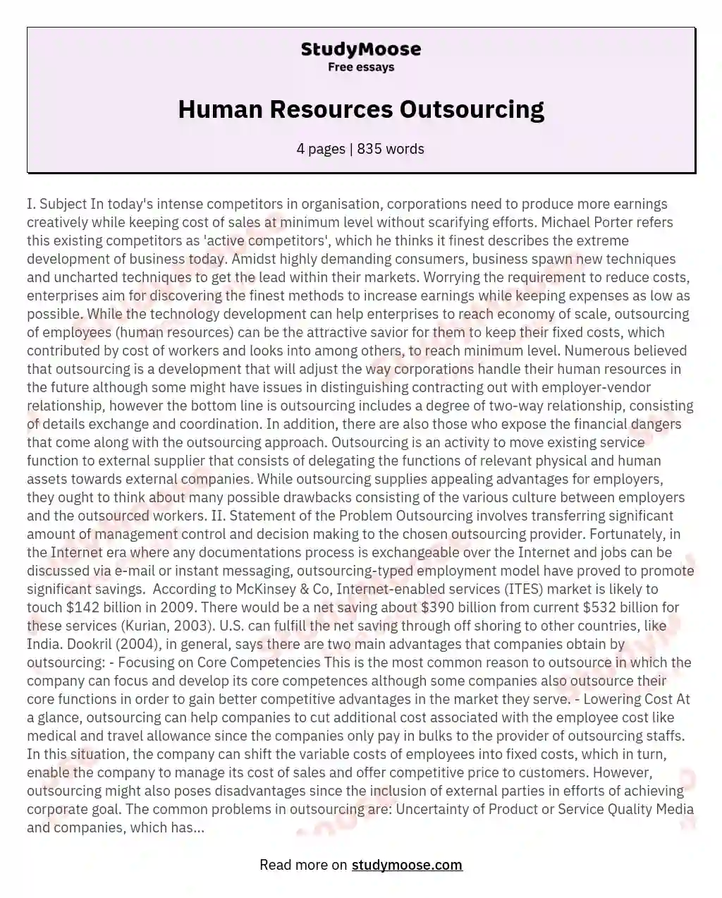 Human Resources Outsourcing essay