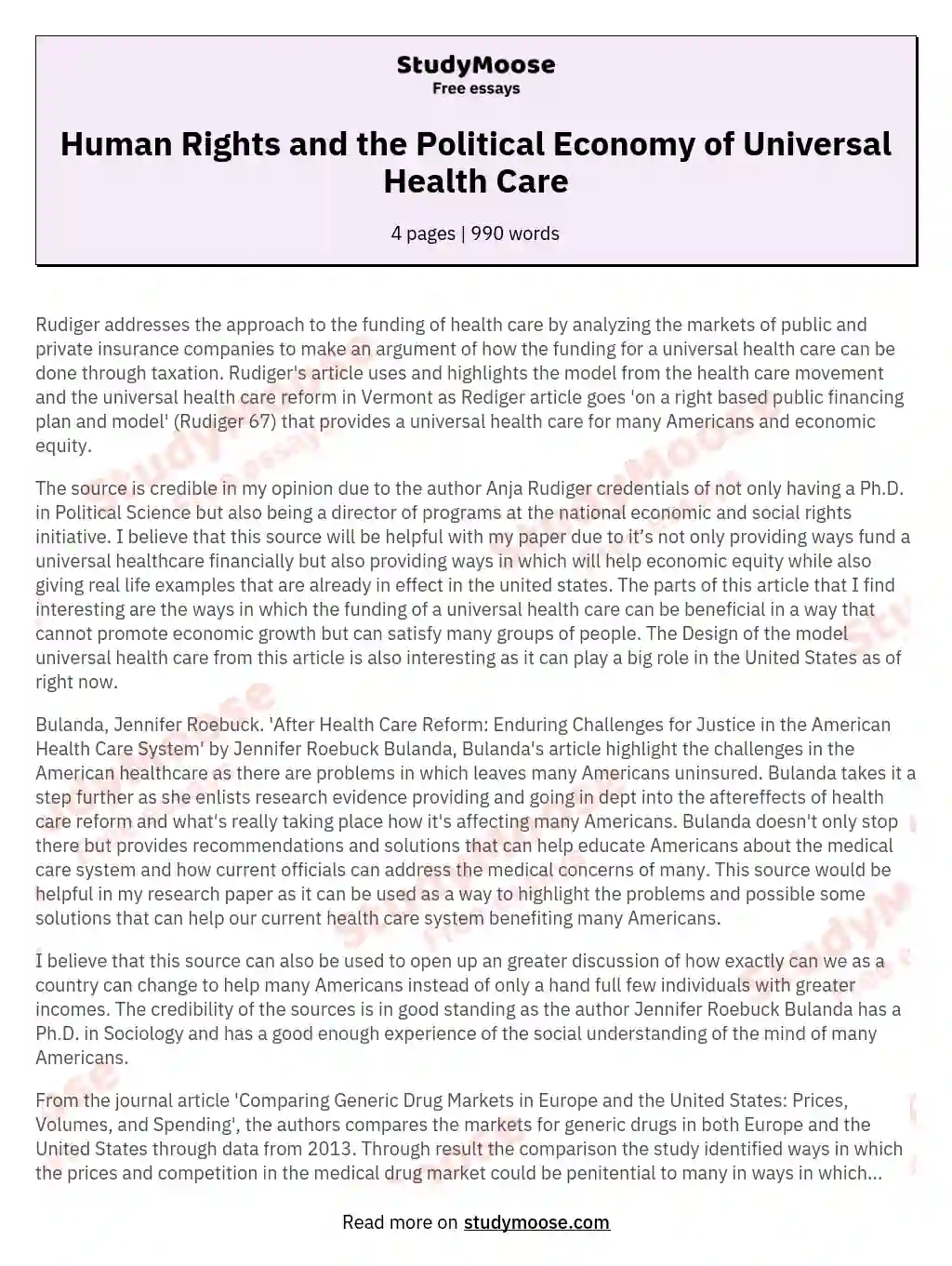Human Rights and the Political Economy of Universal Health Care essay