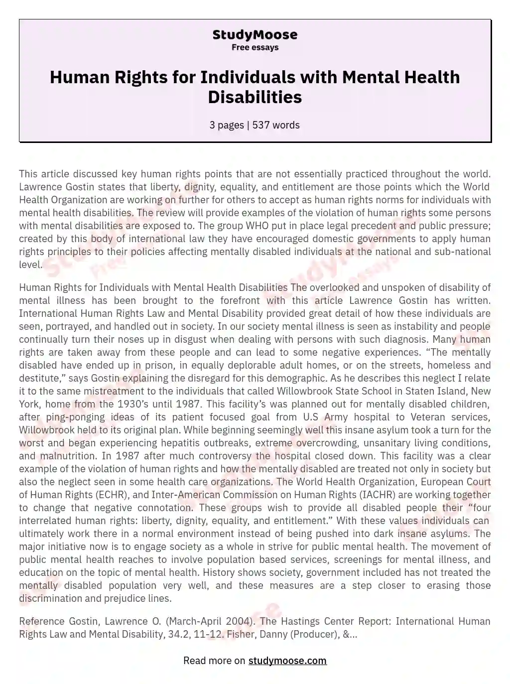 Human Rights for Individuals with Mental Health Disabilities