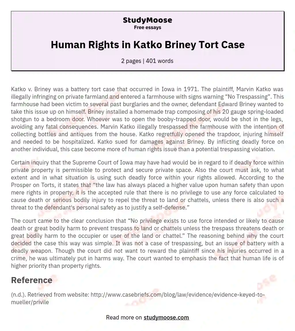 Balancing Rights: Katko v. Briney - A Legal Exploration of Property and Human Safety essay