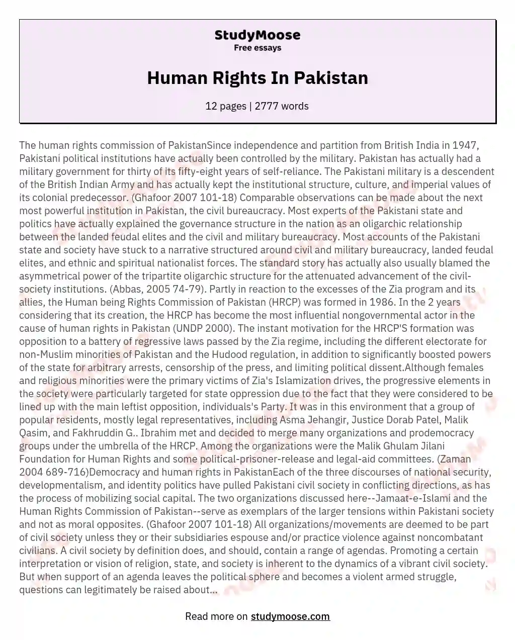 Human Rights In Pakistan essay