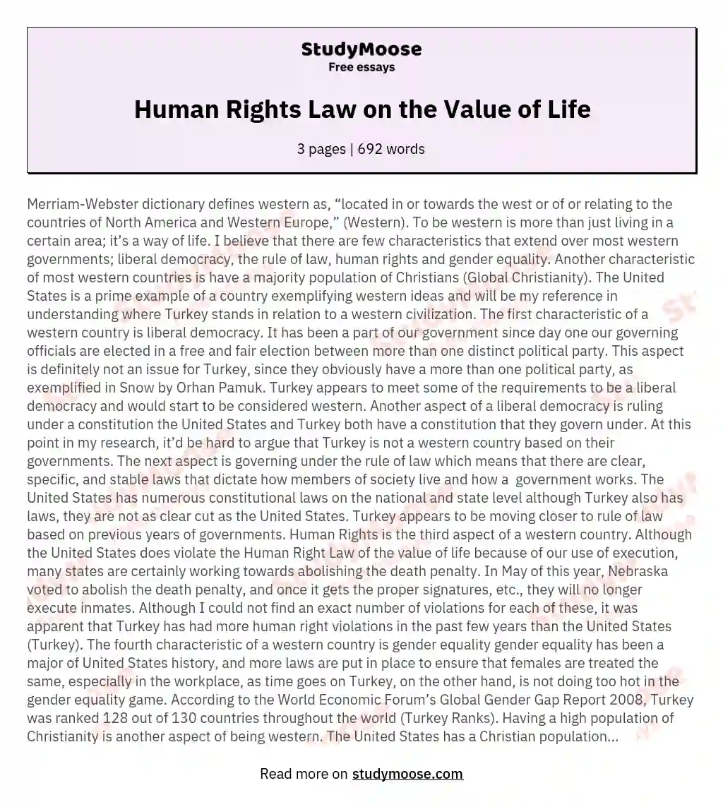 Human Rights Law on the Value of Life essay