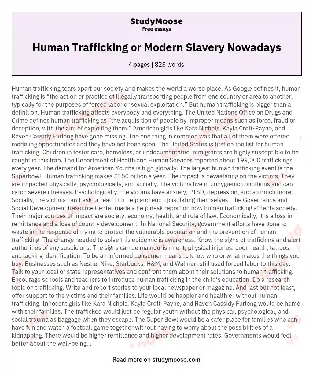 Human Trafficking or Modern Slavery Nowadays essay